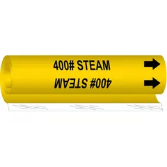 Yellow wrap-around pipe marker with black legend '400# Steam' and directional arrows. Fits pipe outer diameters from 1-1/2 to 2-3/8 inches. Used to identify pipes carrying 400 psi steam in industrial piping systems.