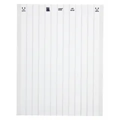 White polyester wraparound label measuring 7/16 in x 1/2 in, designed for wire gauges 20 AWG to 16 AWG. Suitable for permanent identification of wires in industrial panel building, electrical maintenance, and cable marking applications. Supplied on precut sheets for convenient application.