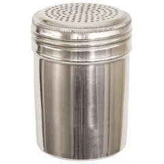 This shaker features a stainless steel body and lid in silver, with a perforated top for controlled dispensing of dry ingredients. The lid is included. Typical applications include dispensing flour, sugar, spices, or other powdered substances in food service or kitchen environments.