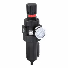 Parker 07E Series filter-regulator with zinc body, 1/2 in NPT ports, 90 cfm flow capacity, 5 micron filtration, and 250 psi maximum operating pressure. Includes nitrile seal. Used in compressed air systems to remove particulates and regulate pressure for pneumatic controls and automation.