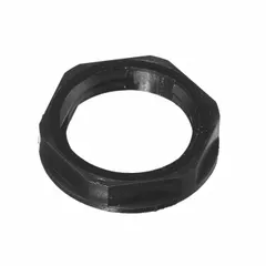 Nylon cable grip lock nut with 1" NPT thread, black finish. CSA certified. Used to secure cord connectors to junction boxes or panels, providing strain relief and maintaining thread integrity in electrical installations.