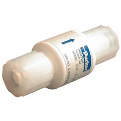 Parker CV-1-2288 is a 1/2 inch PTFE poppet check valve with compression x compression connections and male Pargrip ends. It is used to prevent backflow in fluid systems where corrosion resistance or high purity is required, such as in chemical processing or pharmaceutical applications.