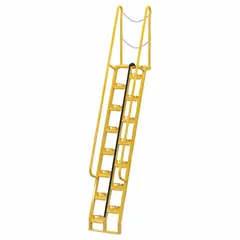 These VESTIL alternating-tread steel stairs provide compact access to elevated platforms, mezzanines, and equipment in industrial settings. The alternating tread design reduces footprint while maintaining a safe climbing angle. Constructed of yellow perforated steel, they have a 350 lb load capacity.