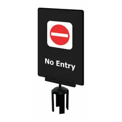 Black acrylic sign displaying a 'No Entry' message. Includes a mounting adapter for attachment to Tensabarrier posts. Measures 11 inches in length and 7 inches in width. Used to indicate restricted access in crowd control and security applications.