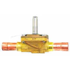 This YORK refrigerant solenoid valve controls refrigerant flow in HVACR systems, enabling or stopping flow via an electrical signal. It is used in commercial refrigeration, air conditioning, and heat pump applications to manage liquid or suction lines.
