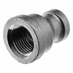 This low-pressure threaded pipe fitting connects two female BSPP threaded ports in a straight configuration. It is used in fluid or air systems requiring a size transition from 1 inch to 3/8 inch, with a maximum operating pressure of 150 psi.