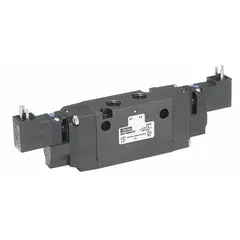 This Parker B Series solenoid-operated inline valve is a four-way, three-position, double-solenoid air control valve with a closed center. It operates on 120V AC and features solenoid return, a DIN solenoid connector, internal pilot, and non-locking manual override. Suitable for directing compressed air in industrial automation, packaging, and material handling systems.