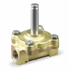 This solenoid valve body is a 2-way, 2-position, normally closed type with a 3/8 in pipe size. It features a brass body and NBR seal, designed for indoor operating environments. Used to control fluid flow in industrial piping systems, it remains closed until energized, suitable for automated shut-off applications.