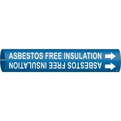 Blue snap-on pipe marker with white legend reading 'Asbestos Free Insulation' and directional arrows. Fits pipe outer diameters from 3/4 to 1-3/8 inches. Used to identify pipes carrying asbestos-free insulation in industrial facilities.
