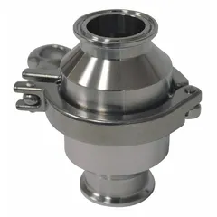 Inline poppet check valve with clamp x clamp connections for 1 in pipe size. Constructed of stainless steel with 20 RA ID surface finish. Meets 3A Sanitary Standards for use in fluid systems requiring backflow prevention.