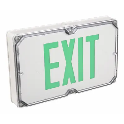 DUAL-LITE Exit Sign: Without Battery Backup, Green, 1 Faces, Aluminum, Not Battery Powered - Wet Location Rated Exit Signs