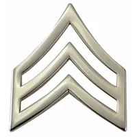 Metallic rank insignia featuring a Sergeant chevron design. Constructed of metal with a silver finish. Measures 3/4 inch. Attaches via clutch pin. Sold as a pair. Suitable for displaying rank on uniformed service attire