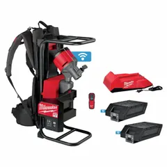 This cordless concrete vibrator backpack operates on a 72V DC MX FUEL battery with 6.0Ah capacity. It features a 21 ft length, 2-1/2 in diameter, and 2-1/2 in radius. Used for consolidating freshly poured concrete to remove air pockets and ensure uniform density in slabs, walls, and foundations.