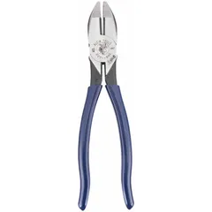 Standard lineman's pliers with 8 5/8 in overall length, 1 1/2 in jaw length, 1 1/4 in jaw width, and 5/8 in jaw thickness. Flat jaw design with dipped handle and conduit reaming nose for smoothing cut conduit ends. Used for cutting, gripping, and twisting wire in electrical and industrial applications.