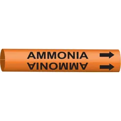 Single snap-on pipe marker for ammonia pipe identification. Fits pipe outer diameters from 8 to 9-7/8 inches. Includes directional arrows to indicate flow direction. Suitable for industrial piping systems requiring ammonia labeling.