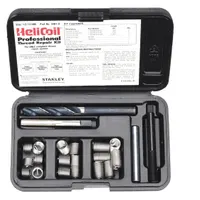 This thread repair kit includes a 3/8"-16 STI tap and tanged tang style helical inserts made of 18-8 stainless steel with a plain finish. The free-running inserts are designed for right-hand coarse threads in metal substrates. Typical applications include restoring stripped or corroded internal threads in automotive, industrial machinery, and equipment maintenance
