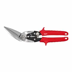 This straight-cutting aviation snip has an overall length of 11 inches and a cutting length of 3 inches. It features a steel body with TPR handles for grip. Designed for cutting sheet metal in applications such as ductwork, flashing, and metal panels.