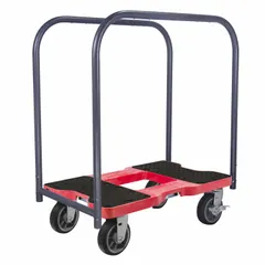 Vertical panel truck with removable rails and load-securing anchors for transporting panels, sheets, or bulky materials. Deck measures 35 in L x 20 1/2 in W x 40 in H with 9 1/2 in deck height. Includes 2 rails and (2) swivel casters. Red finish. Capacity 1500 lb.