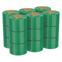 Stretch wrap film with integrated handle and brake for controlled dispensing. Each roll is 3 inches wide by 1,000 feet long, light green color. Pack of 18 rolls. Used for bundling, securing, and protecting items during storage or transport