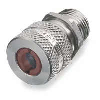 Straight metallic cable grip with 3/4 in MNPT box connection, accommodating cord diameters from 0.50 in to 0.63 in. Aluminum body in silver finish with brown color-coded grommet. Rated IP66 and Class I, Division 2 for hazardous locations. Overall length 2 1/16 in