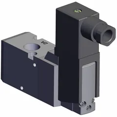 Three-way, two-position solenoid valve from the VP300 series. Single solenoid, normally closed, with female 1/4 NPT connection. Operates on 24V DC for pneumatic on/off control in automation systems.