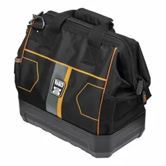 Polyester tool bag with wide-mouth opening for easy access. Measures 15 1/2 in W x 15 in H x 9 in D, with a maximum storage capacity of 0.968 cu ft. Suitable for carrying and organizing hand tools, meters, and small parts on job sites in industrial maintenance, construction, and facility management.