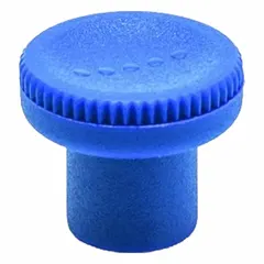 Blue plastic knurled knob with a stainless steel threaded insert, M8 thread, 15 mm thread length, RAL 5005. Designed for tactile and visual position or status indication on industrial machinery, such as adjustment or locking mechanisms.