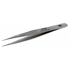 These titanium tweezers feature a point straight tip with 1.06 mm tip thickness and a serrated grip. The titanium construction provides solder resistance and corrosion resistance. Suitable for precision handling of small components in electronics assembly, soldering, and laboratory work.