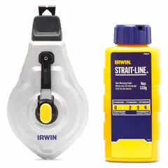 Chalk line reel kit with aluminum body and turn cap door in blue. Includes 100 ft line length and 1.8 oz fill weight. Used for marking straight lines on surfaces such as drywall, flooring, and masonry.