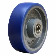 This wheel features a polyurethane tread on a steel core with an Ergo-Glide tread shape, rated for 1,600 lb. The blue tread provides floor protection and smooth rolling. Typical applications include heavy-duty material handling carts, platform trucks, and tow-line systems.