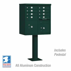 This horizontal multi-unit mailbox features 10 lockable doors with front access, designed for pedestal mounting. It measures 62 inches in height, 30 1/2 inches in width, and 18 inches in depth. Suitable for centralized mail delivery in multi-tenant residential or commercial settings.