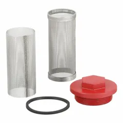 Replacement inlet screen and gasket assembly for Fill-Rite FR700V series pumps. Includes strainer cap to filter debris from transferred fluids, protecting pump internals. Compatible with FR700V model.
