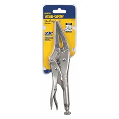 Lever-type locking pliers with a long-nose jaw design for gripping and clamping in confined spaces. Overall length 9 in, jaw length 2 1/8 in, maximum jaw opening 2 3/4 in. Suitable for automotive, plumbing, and metalworking applications where standard pliers cannot reach.