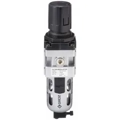 Aluminum body filter-regulator for compressed air systems. Removes contaminants down to 40 micron and regulates output pressure from 7 psi to 145 psi. 1/4 in NPT ports, 63 cfm flow capacity. Nitrile seals. Suitable for intermediate-duty pneumatic applications such as air tools, actuators, and control circuits.