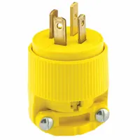This general-purpose straight blade plug is rated for 120/208V AC and 20 A, with a 4-pole, 4-blade configuration. The yellow housing provides high visibility in industrial and commercial environments. It is used for connecting equipment to power distribution systems in settings such as data centers, manufacturing plants, and temporary power setups