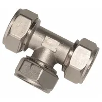 This brass compression tee fitting is used to branch or combine compressed air lines in industrial piping networks. It features three 1 1/4 in OD connections for reliable airflow distribution in pneumatic systems