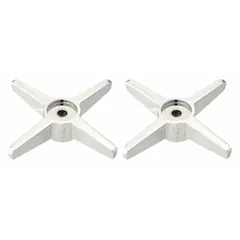 Metal cross handle for hot and cold water faucets, sold as a 2-pack. Features a polished chrome plate finish and includes a red index button. Compatible with Chicago Faucets brand faucets. Suitable for commercial or industrial settings where a professional appearance is required.