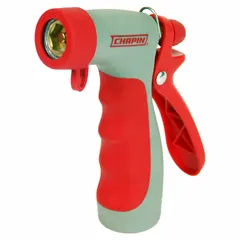 This rear-trigger pistol-grip nozzle features a Hi-Temp Poly construction rated for fluid temperatures up to 160°F. It provides an adjustable stream pattern and connects via standard GHT (garden hose thread). Suitable for hot-water washdown and industrial cleaning applications requiring heat resistance.