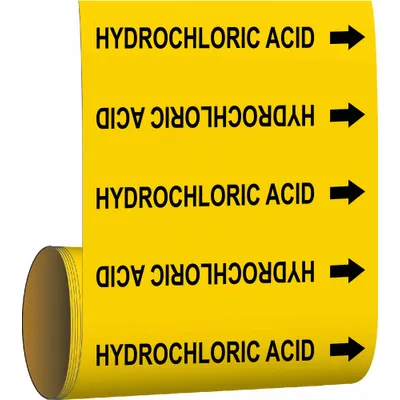 BRADY Pipe Marker: Hydrochloric Acid, Yellow, Black, Fits 2 in and Smaller Pipe O.D. - Hydrochloric Acid Adhesive Pipe Markers on a Roll