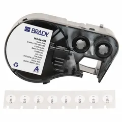 Thermal transfer precut label roll cartridge with 3/8 in circle labels made of cryogenic autoclavable nylon, black print on white background. Designed for labeling vials and tubes in the 0.5 to 1.5 mL size range. Compatible with the M410 printer series. Suitable for laboratory and industrial applications requiring labels that withstand extreme cold and autoclaving.