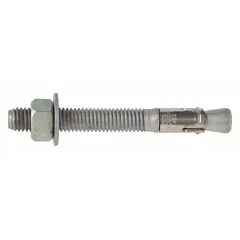 Hot dipped galvanized steel wedge anchors for concrete and masonry fastening. Each anchor has a 3/8" diameter, 3/8"-16 thread size, and 3 1/2" thread length. Suitable for outdoor and industrial applications requiring corrosion resistance. Sold in a 50-pack.