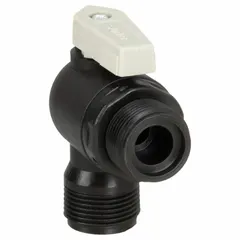 Manual two-way ball valve with 3/8 in sweat x sweat connections, full port ball port, and angle pattern. Constructed of NSF 51 compliant polypropylene with a lever handle. Suitable for on/off flow control in potable water and food processing systems.