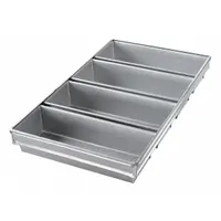 This open top bread pan from CHICAGO METALLIC is made of aluminized steel in a silver finish. It features 4 slots for baking multiple loaves simultaneously, with an overall width of 13 inches and depth of 2 3/4 inches. Suitable for commercial or high-volume baking applications where even heat distribution is required