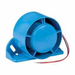 This heavy-duty backup alarm operates on 12-24V DC and delivers a maximum sound level of 107 dB with selectable multi-frequency tones. It features a bolt mount and blunt cut connector, measures 2 13/16 inches in length, and is SAE Type B rated. Suitable for use on trucks, construction equipment, and industrial vehicles to provide reverse-motion warning in noisy environments.