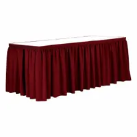 This table skirt is made of poly material with a shirred pleat and hook-and-loop attachment. It measures 29 inches in height and 21 1/2 feet in length. Suitable for dressing tables in event, hospitality, and banquet settings