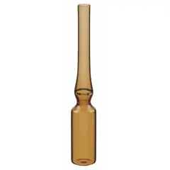 Amber glass ampule with a round bottom and self-standing design. The amber body provides UV protection for light-sensitive contents. Suitable for secure storage of liquid samples in laboratory environments.