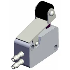 Roller-actuated manual air control valve with side-ported body and 3 ports. Features 4 mm push-on connections for pneumatic tubing. Used in pneumatic systems for directional flow control, such as in industrial automation and machine tool circuits.