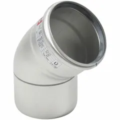 Stainless steel 45° push-fit elbow with 2 in x 2 in female socket x male connections. Rated for maximum operating pressure of 29 psi. Certified to NSF standards. Used in plumbing systems for directional changes in piping runs.