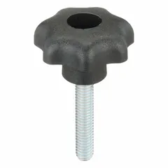7-arm knob with threaded stud for manual clamping and adjustment on machinery, jigs, and fixtures. Plastic body with steel thread insert. M6 thread, 30 mm thread length, 32 mm diameter.