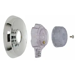 This trim kit includes a chrome-finished circular metal trim plate and an acrylic handle. Designed for use with Mixet bathtub and shower faucets, it serves as a replacement or upgrade for the handle and trim assembly.